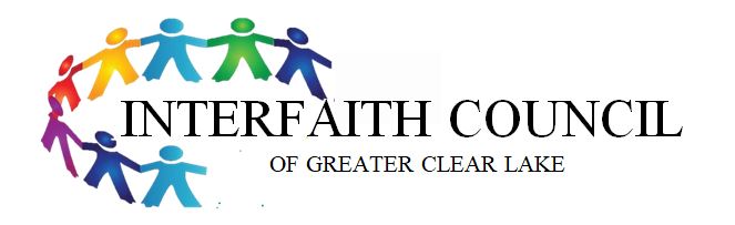 Interfaith Council of Greater Clear Lake text with image of rainbow silhouettes holding hands
